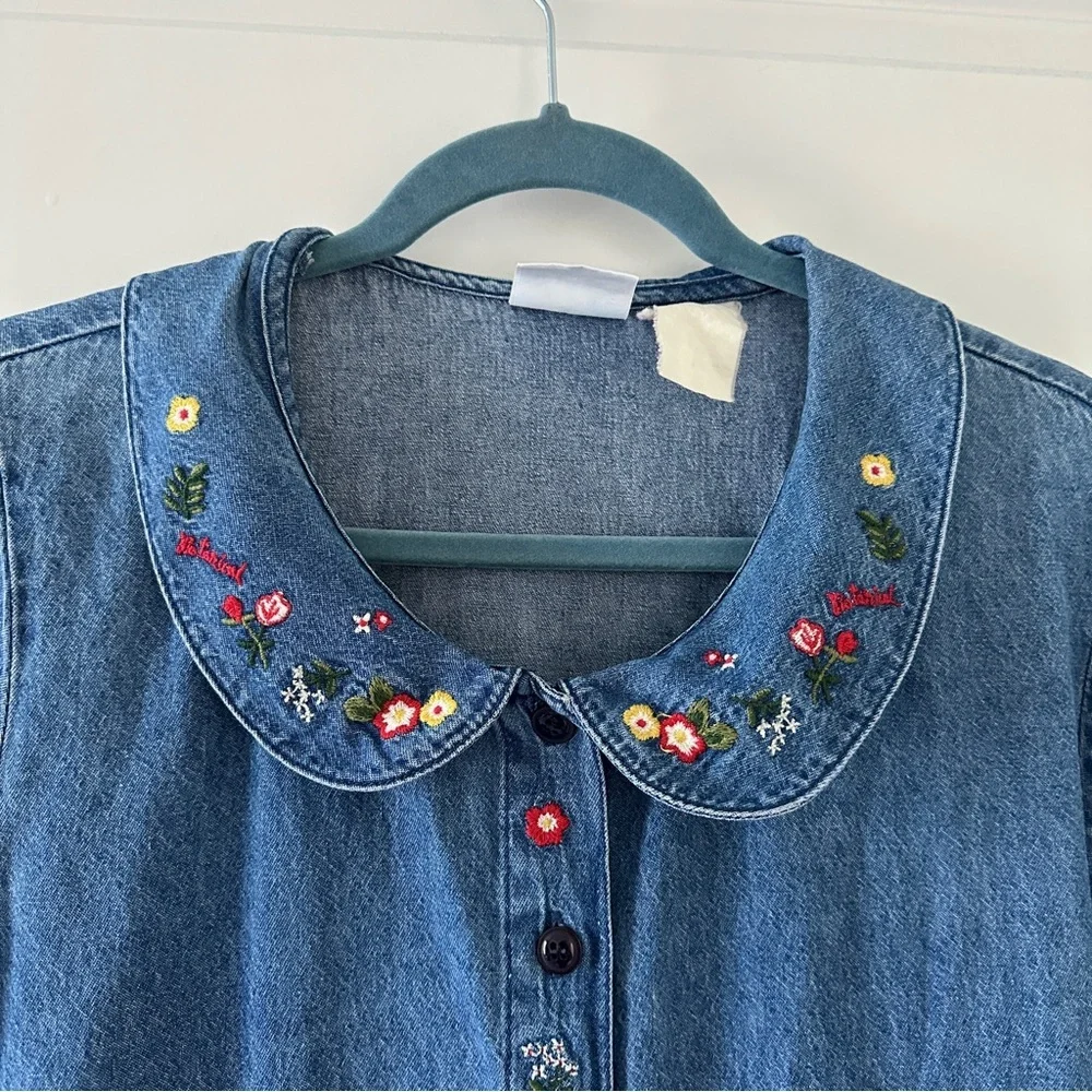 Vintage Bobbie Brooks Blue Denim Floral Embroidered Dress Women’s Size Medium - Picture 3 of 16